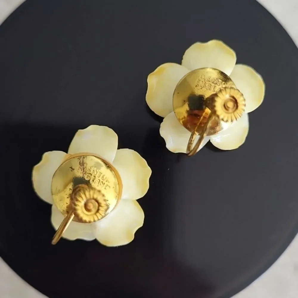 Vintage 1950s-60s Denton England Bone China,Yellow Rose Screw Back Earrings